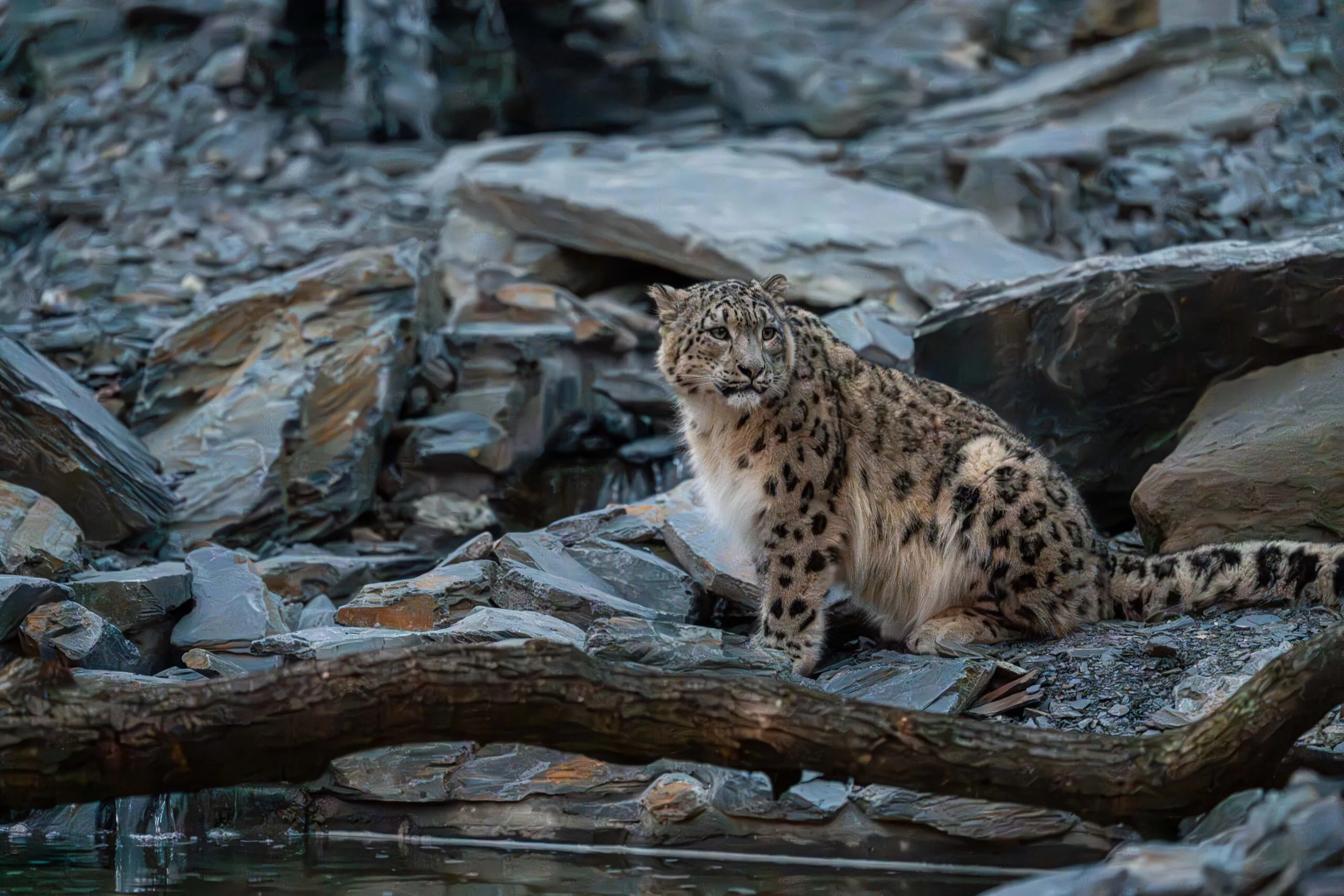 snow-leopard-sitting-on-rocks-by-some-water-in-their-zoo-habitat